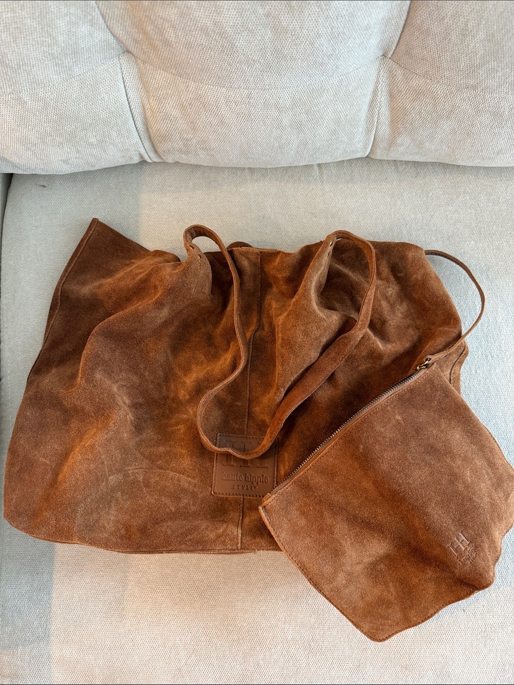 Suede Brown Tote with Matching Pouch — Women's Everyday Carryall